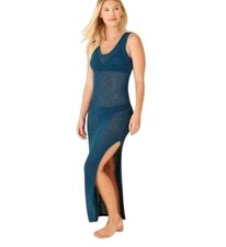 Shade & Shore Women's Blue Crochet Maxi Cover Up Tank Dress Sheer Slit XL NWT