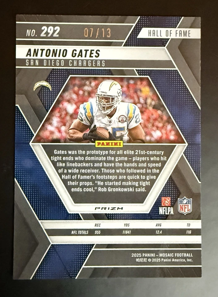Mosaico Panini 2025 - Antonio Gates mosaico púrpura Prizm/13 cargadores FOTL Foto 2 de 2