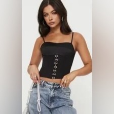  B4 NWOT Princess Polly Black Hook  Eye Corset Top  Structured Crop Top 12