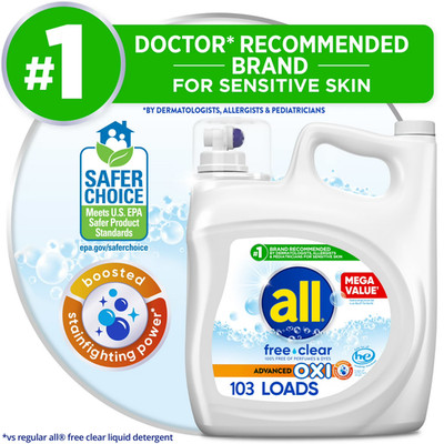 all Free Clear Liquid Laundry Detergent, Oxi, 184.5oz, 103 Loads