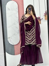 Pure Georgette Kurta Palazzo Dupatta Set Indian Embroidered Salwar Kameez Combo