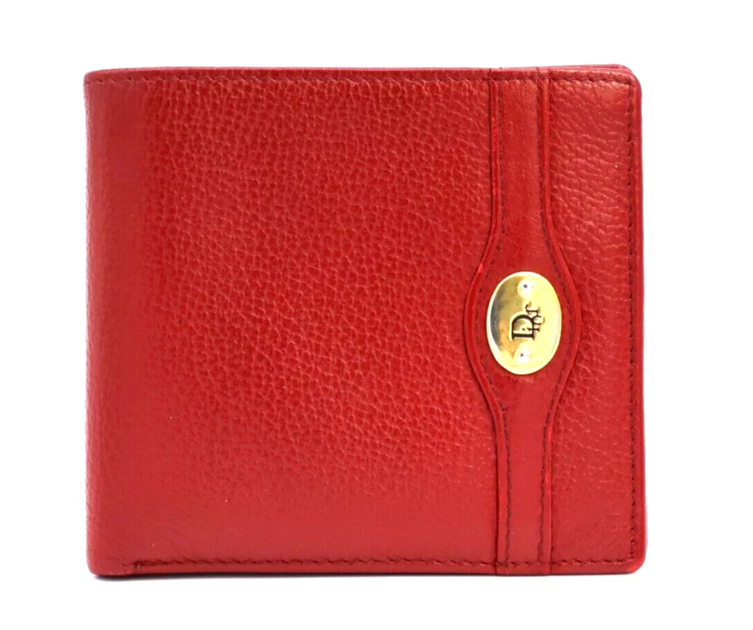Christian Dior Portefeuille Porte Carte Courte Bifold Cuir Rouge Vintage Authentique