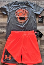 NWT Under Armour Toddler Boys 3T Neon Orange/Gray BASEBALL MITT Shorts Set