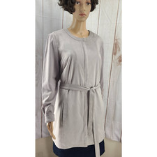 H by Halston Lightweight Gray Faux Suede Knit Sleeves Jacket Full Zip Belted 14