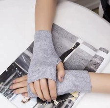 Women's Gray Cashmere Mittens Finger Less Gloves For Phone Use - Great Gift
