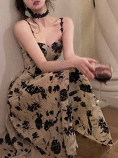 Summer Floral Strap Midi Dress Women Sleeveless Elegant Vintage Dress Evening