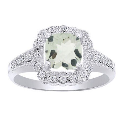 Sterling Silver Green Amethyst Halo Ring with Cushion Cut Center Stone