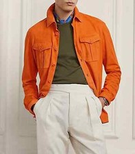 Men's Tangerine Color Suede Trucker Leather Jacket. Real Soft Lamb Skin Leather.