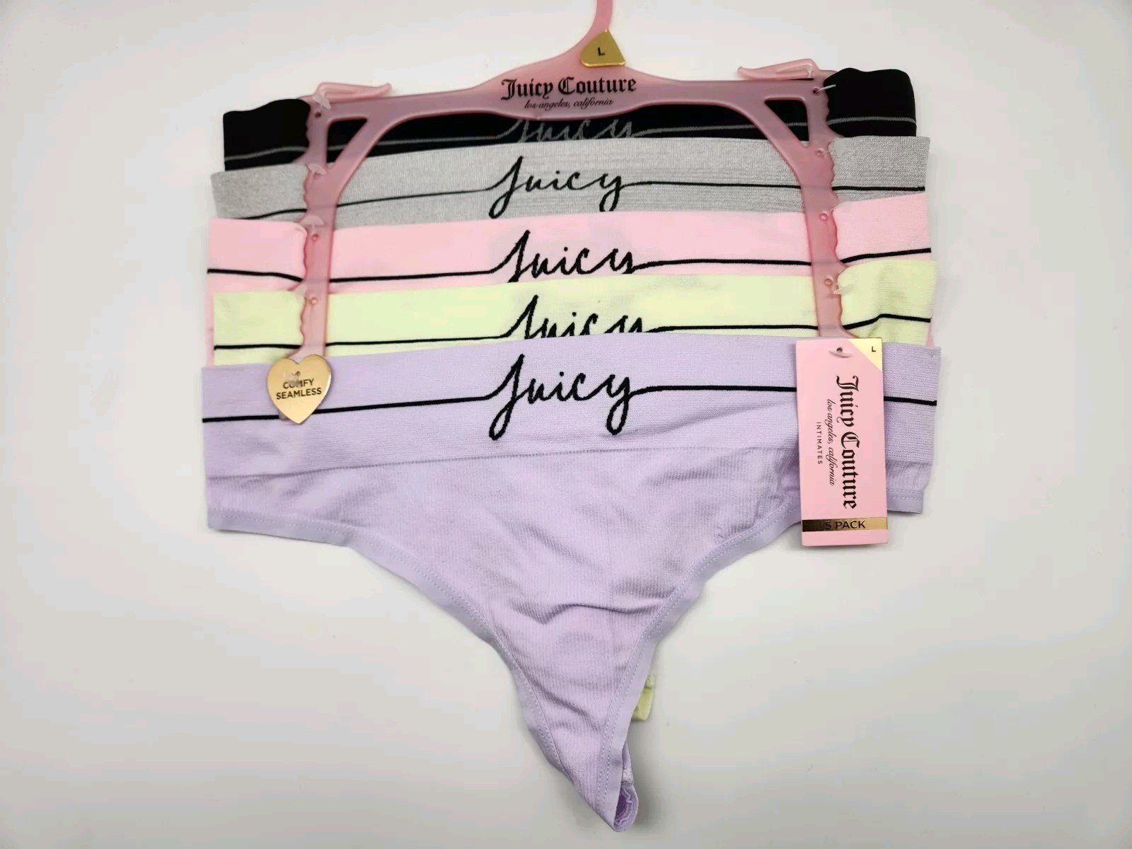 JUICY COUTURE 5 Pack Women's L XL Seamless Logo Thong Panties Black Gray Pink