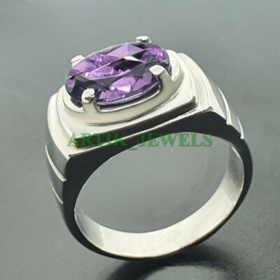 Natural Amethyst Gemstone with 925 Sterling Silver Ring for Men's #88