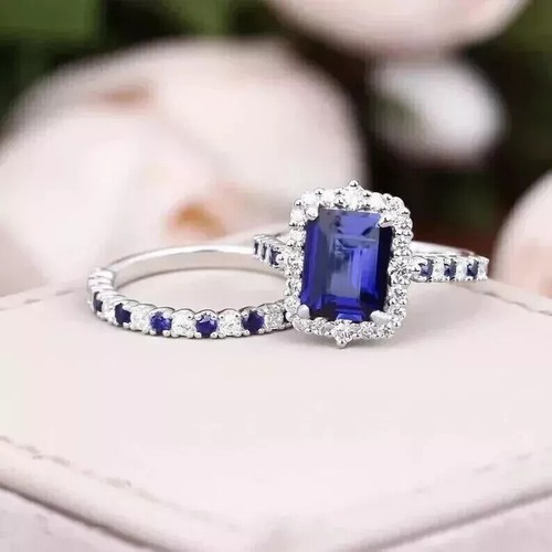 3Ct Emerald Lab-Created Blue Sapphire Halo Bridal Ring Set 14K White Gold Plated
