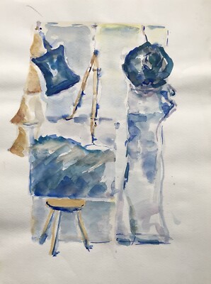 Aquarell Fensterblick aus Atelier Werkstatt eines Künstlers Interior Dekoration