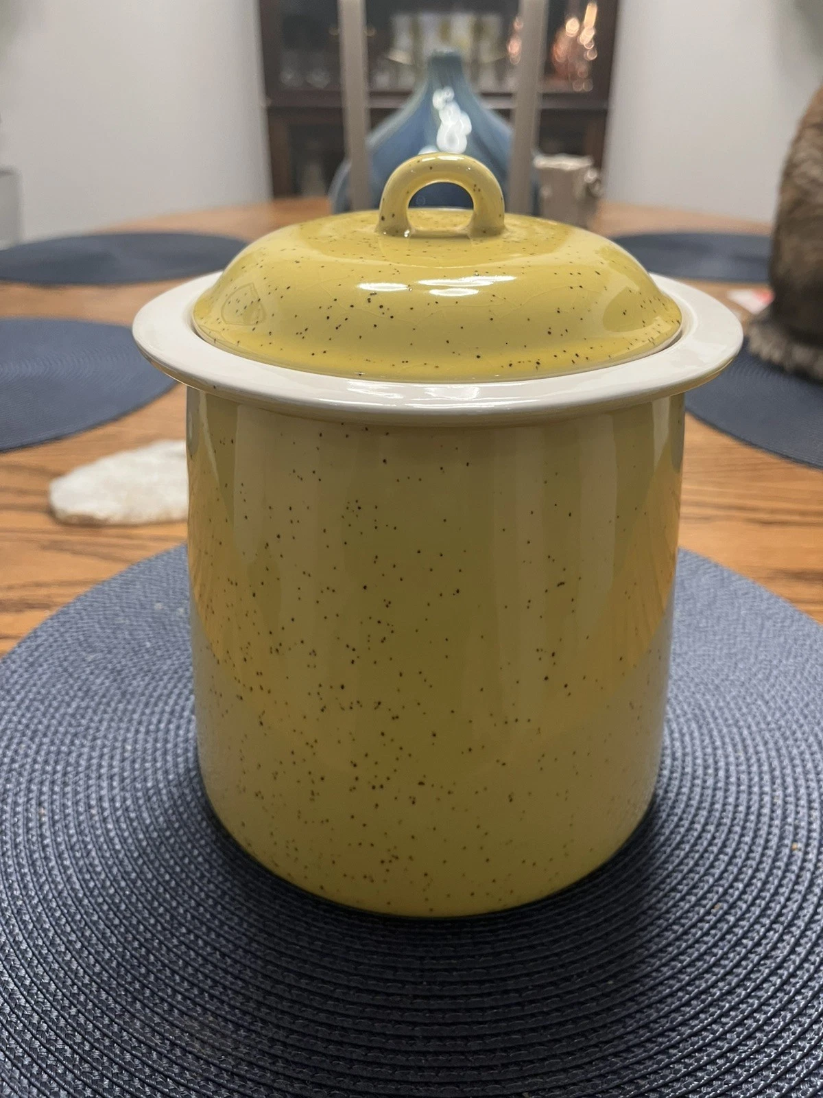 Yellow Speckled Canister W/ Lid Stone ware-National Silver Company in Japan