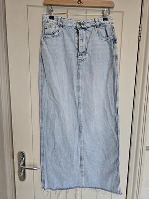 RITA ORA X Primark distresed Jeans Midi LONG DENIM SKIRT Raw Hem UK 10