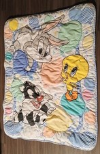 VTG Baby Looney Tunes Crib Blanket Quilt Comforter Tweety Bugs Sylvester Soft NM
