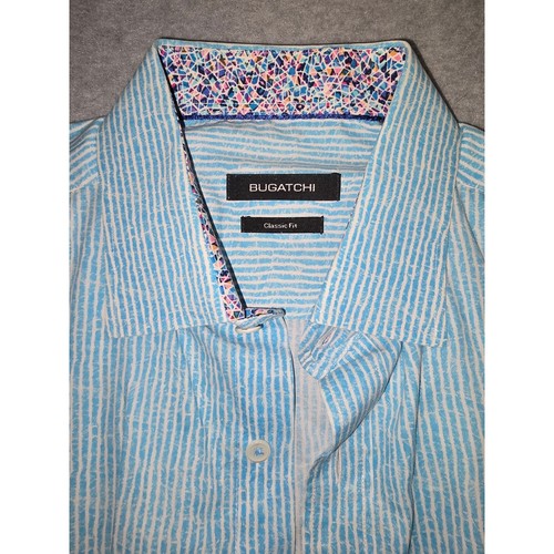 Bugatchi Mens Classic Fit Short Sleeve Button Down Shirt Blue Stripe Mosaic L