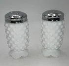 VTG White Milk Glass Hobnail Salt & Pepper Shakers Set, Silver Metal Lids, 2pc
