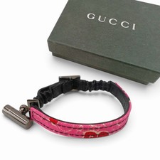 GUCCI Floral Pink Cat Collar Canvas Leather W/Capsule Charm Size17