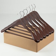 6 Pack Walnut Wooden Suit Hangers, 17.5 Wide Shoulder, 360 Hook, Pant Bar