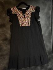 Kirundo Womens Size M Short Sleeve Colorful Embroidered Dress Pom Pom Fringe Hem