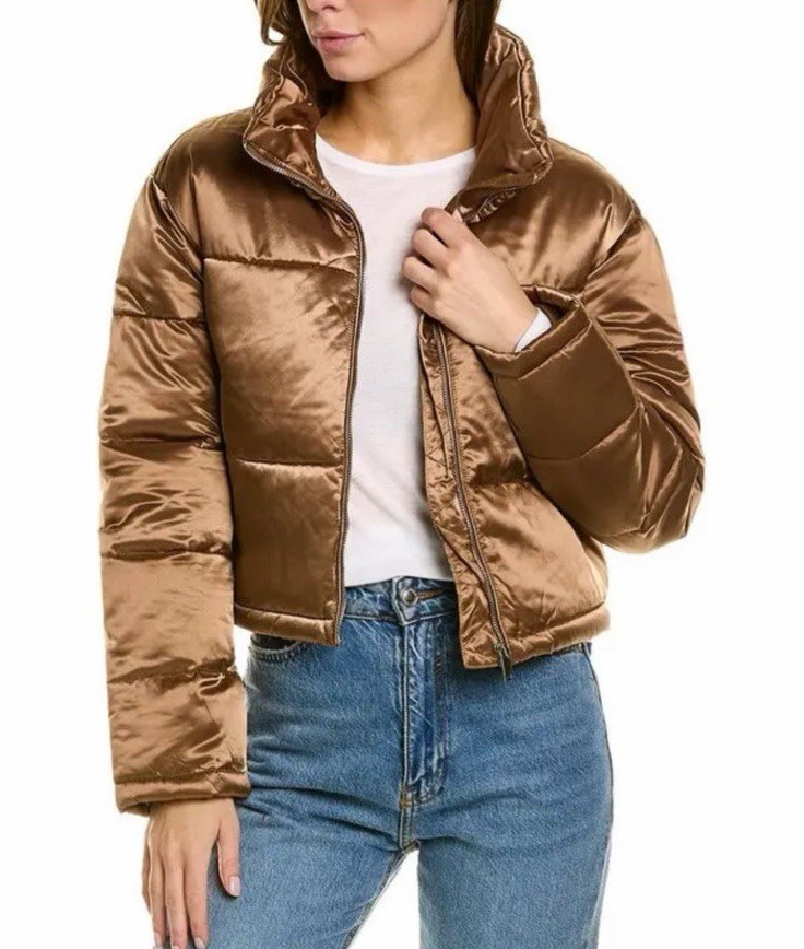 7 Seven For All Mankind Bronze Short Puffer Jacket Large Boxy Cropped Brown