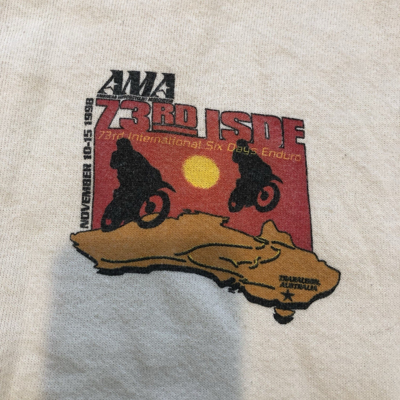 Vintage 1998 American Motorbike Assoc sweatshirt, adult size L, with graphic of two motorcycles over a red desert background.