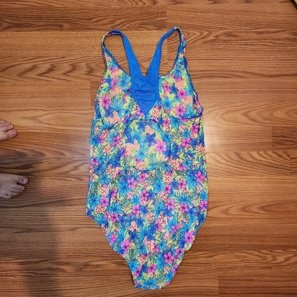Traje de baño solar vintage años 90 bronceado a través de 13/14 flores neón malla ligera Foto 2 de 4
