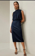 LilySilk Pleated Sleeveless Midi Silk Dress Navy Size 0