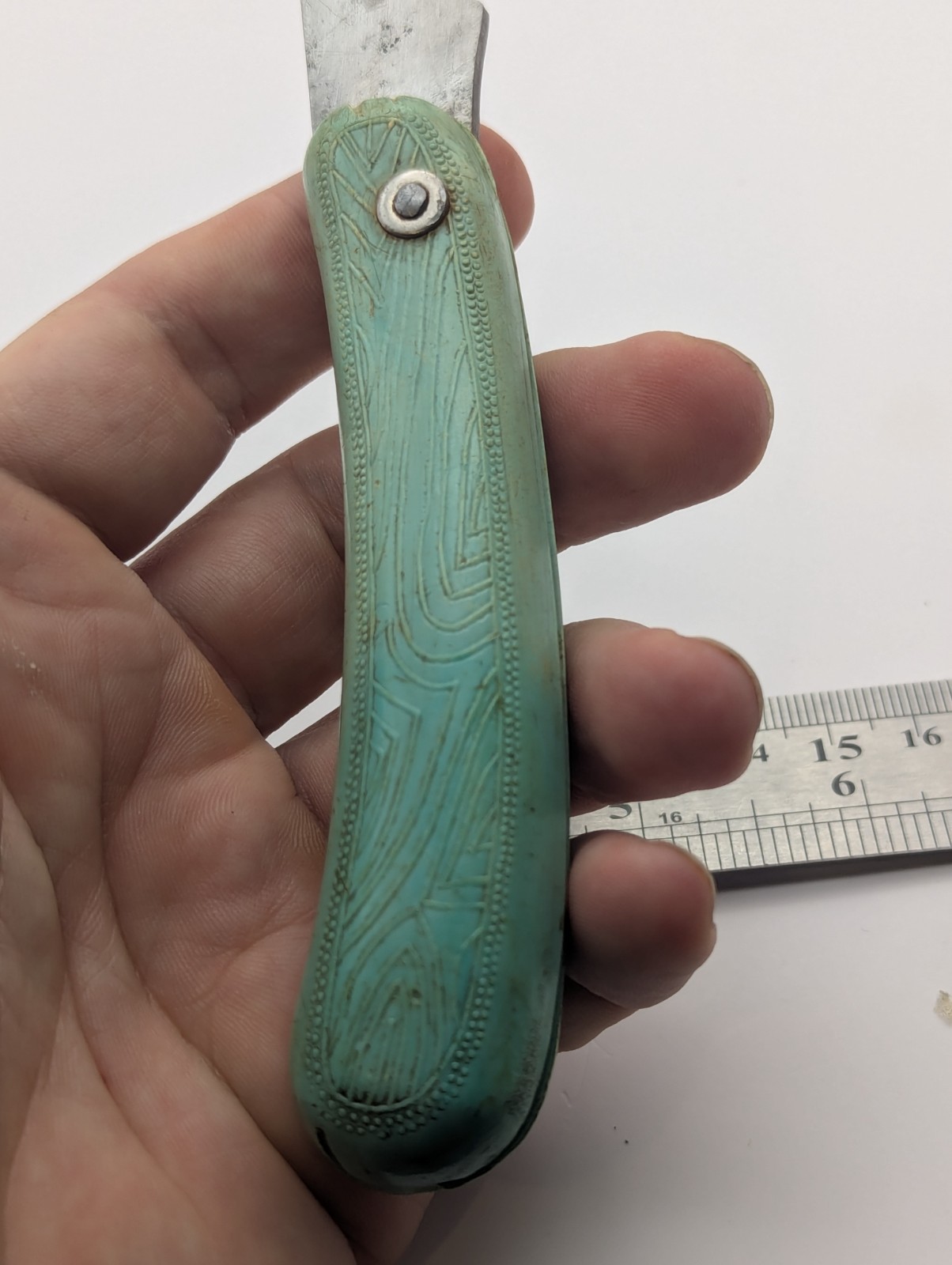 Vintage Soviet Gardening Pruning Knife Green Plastic Handle Curved Blade USSR