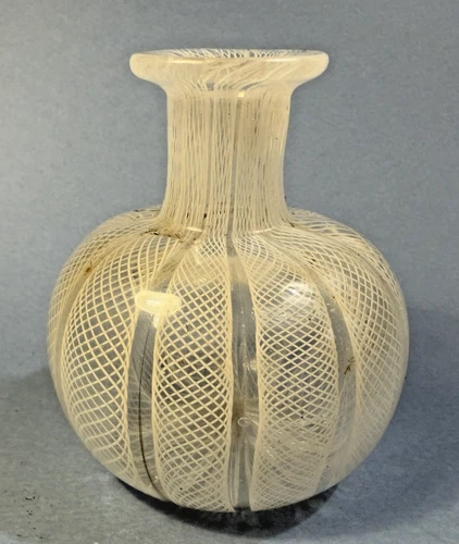 Vintage Murano Zanfirico Latticino Hand Blown Glass White & Clear Bud Vase