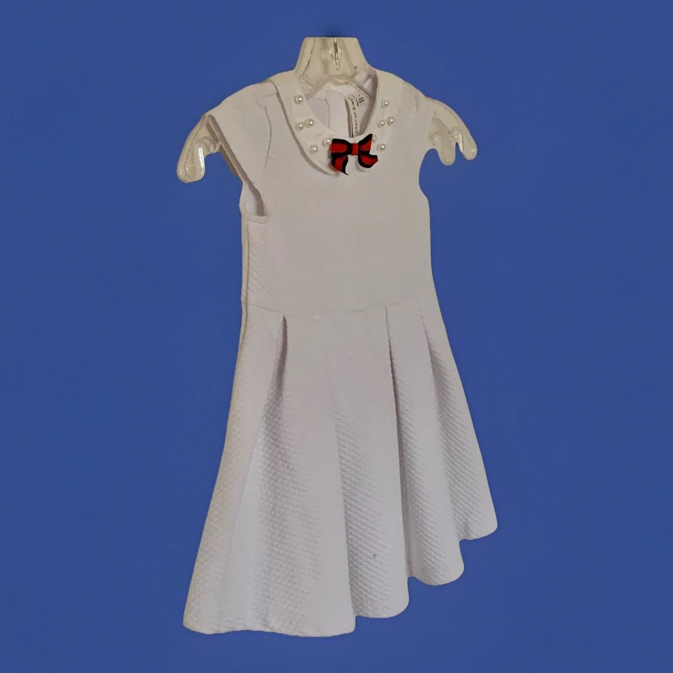 Vestido Janie And Jack Niñas Blanco Cuello Perlado Rojo/Azul Marino Lazo Talla 5 Vacaciones Foto 2 de 4