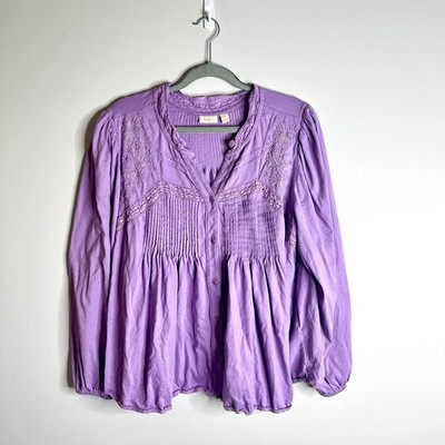 LOGO Lavish Purple Lace Trim Cottagecore Floral Embroidered Babydoll Top Sz XL