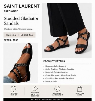 Saint Laurent Gladiator Sandals Black Calfskin Leather Silver Spikes 40.5