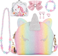 7PCS Toddler Purse Set for Girls Unicorn Wallet Jewelry Dress-Up Gift
