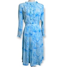 1980s Silk Blue Watercolor Two Piece Blouse and Pleated Skirt Set