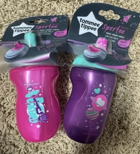 Lot of 2 Tommee Tippee 10oz Toddler Sportee Sippy Bottles BPA Free 12m Pink Purp