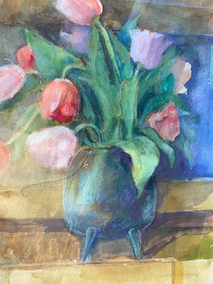 :AQUARELL UNDEUTL. SIGN. 1989 BLUMENSTILLEBEN IN BLAUER VASE ROTE & WEIßE TULPEN - Bild 3 von 4