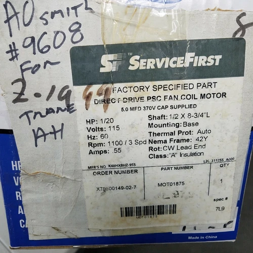 AO SMITH MOT01875 1/20 HP 115 V 1100/3 Spd .55 AMPS