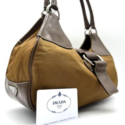 PRADA Nylon Leather One Shoulder Bag Auth Brown Medium Women Italy 