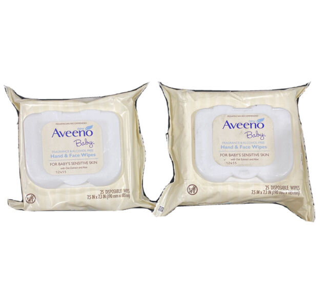 Lot of 2 Packs New Aveeno Baby Hand & Face Wipes Baby's Sensitive Skin 25ct Each