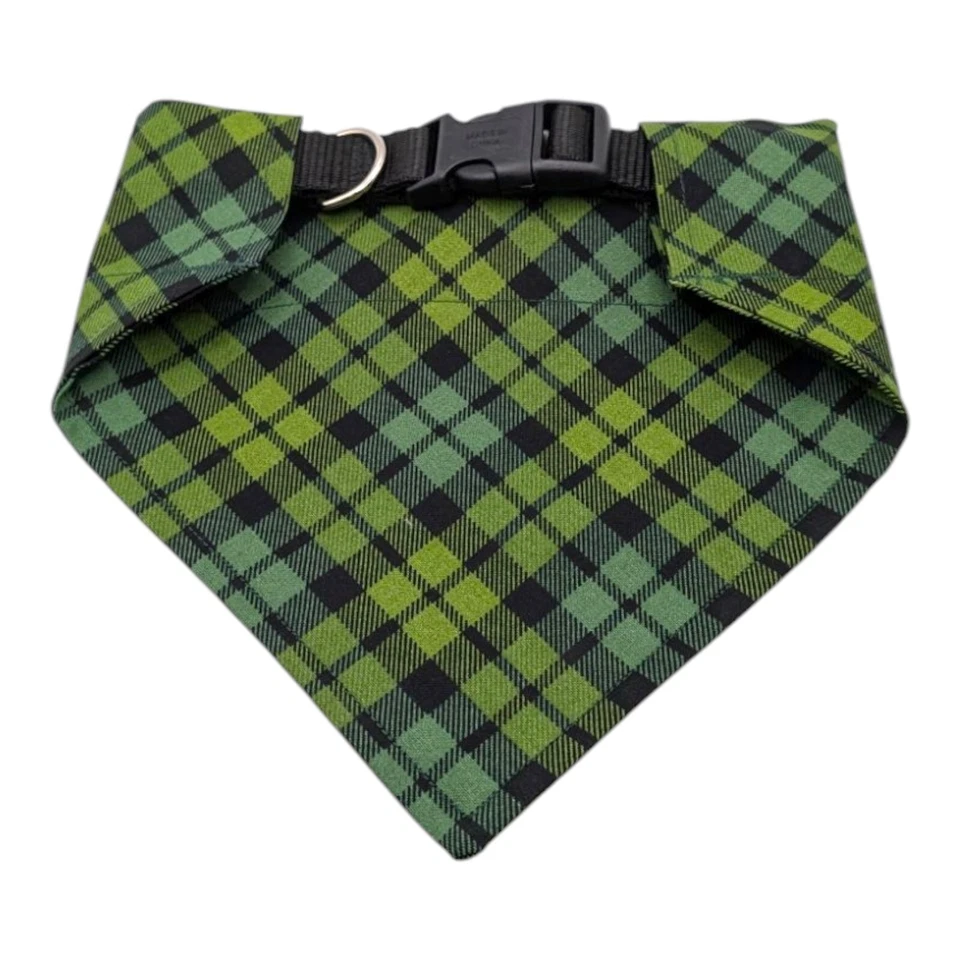 Personalized Green Plaid Tartan Dog Bandana Over the Collar Scarf Slide On - Image 2 of 4