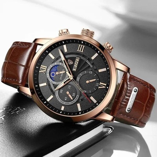 Lige Herrenuhr Casual Braun Leder Armbanduhr Business Männlich Kalender Uhren - Bild 2 von 29