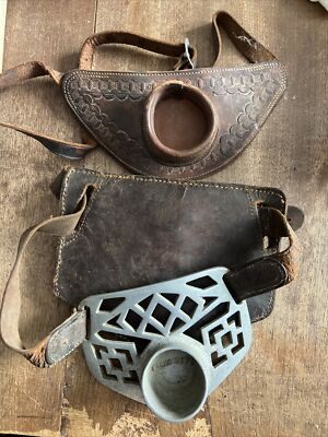 fish rite rod holders 2 VTG Fishing Rod Tooled Leather & Fish Rite Metal Holster Rest, Holder #6A