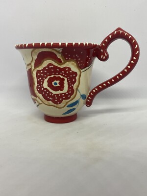 BLUE SKY ClayWorks 2012 Red/ White Dots Blue Floral Ceramic Mug Heather Goldminc