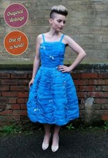 1950s Dress | Vintage Baby Blue Chiffon Rouched Prom Dress UK Size 6/8 Retro