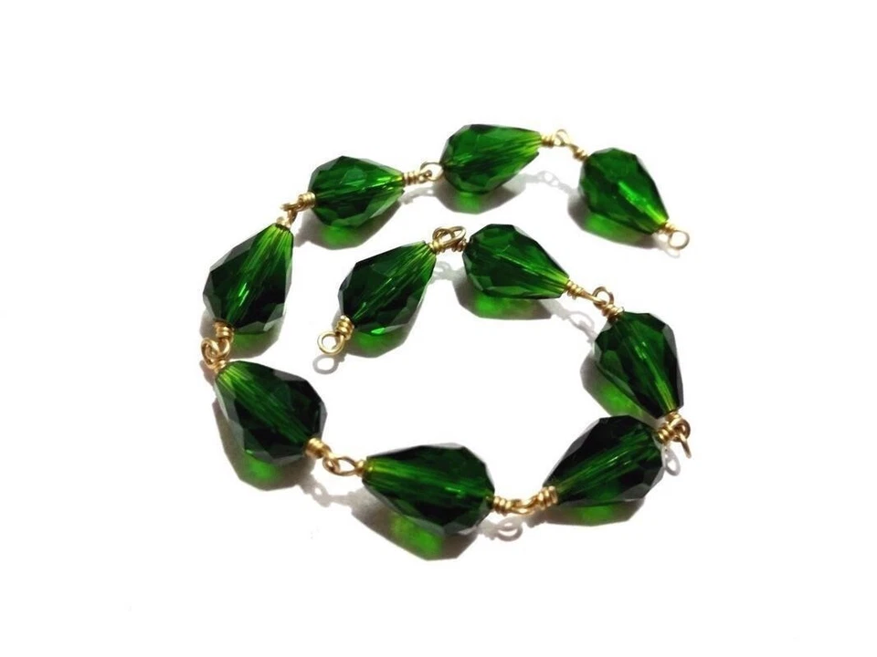 5 Feet Chrome Green Quartz Teardrop 8x12mm Hydro Beads, Rosary Chain Gold Wire - Image 2 of 4