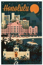 Honolulu Hawaii Retro Skyline Royal Hawaiian Hotel Waikiki etc - Modern Postcard