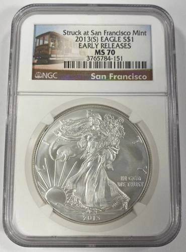 2013(S) $1 American Silver Eagle Graded by NGC as MS-70 Early Releases