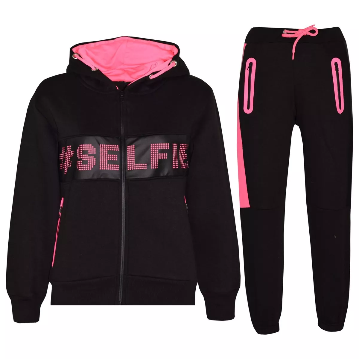 Kids Girls Tracksuit Designer #Selfie Zipped Top & Bottom Jogging