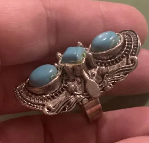Anillo Oblongo Hecho a Mano Imitación Turquesa Bohemio Gitano Espíritu Libre Ajustable Boho Foto 3 de 3